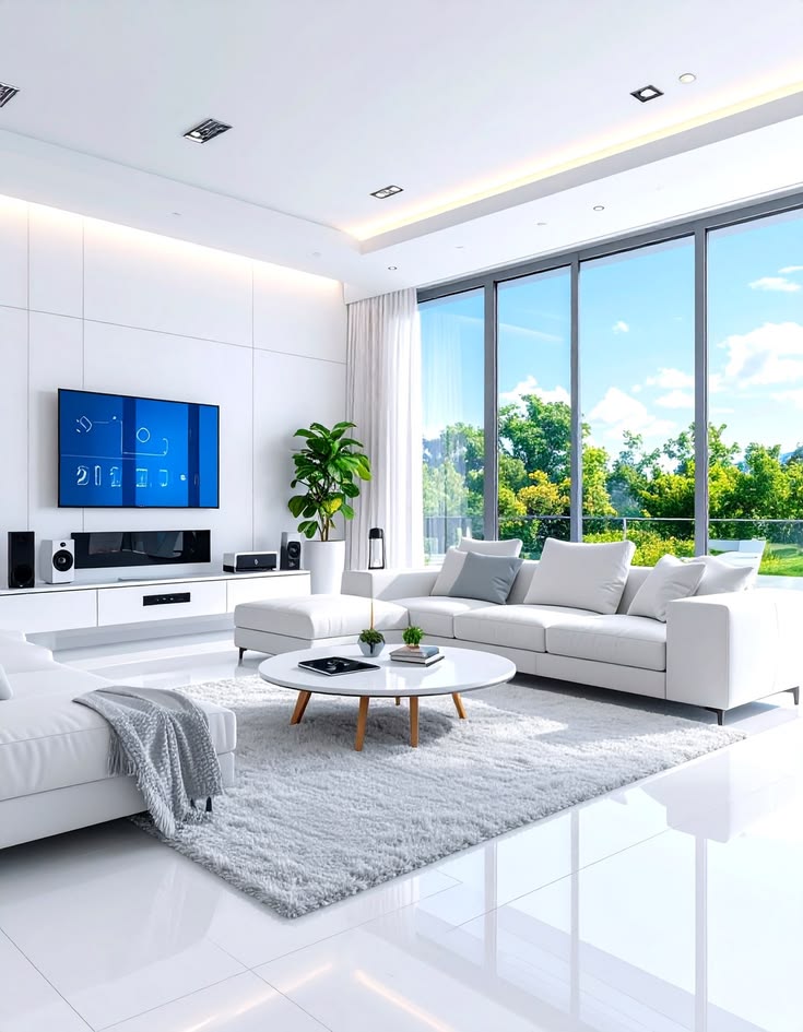 Contemporary White Living Room With Smart Home Integration - 20 White Living Room Ideas Bright And